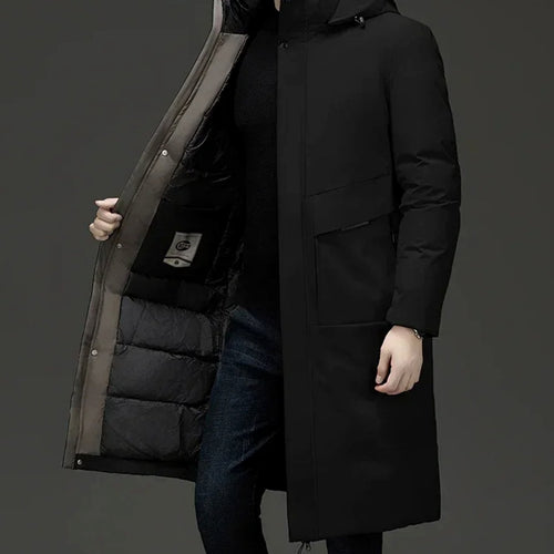 Mens hooded coat, hood and zip detail close-up