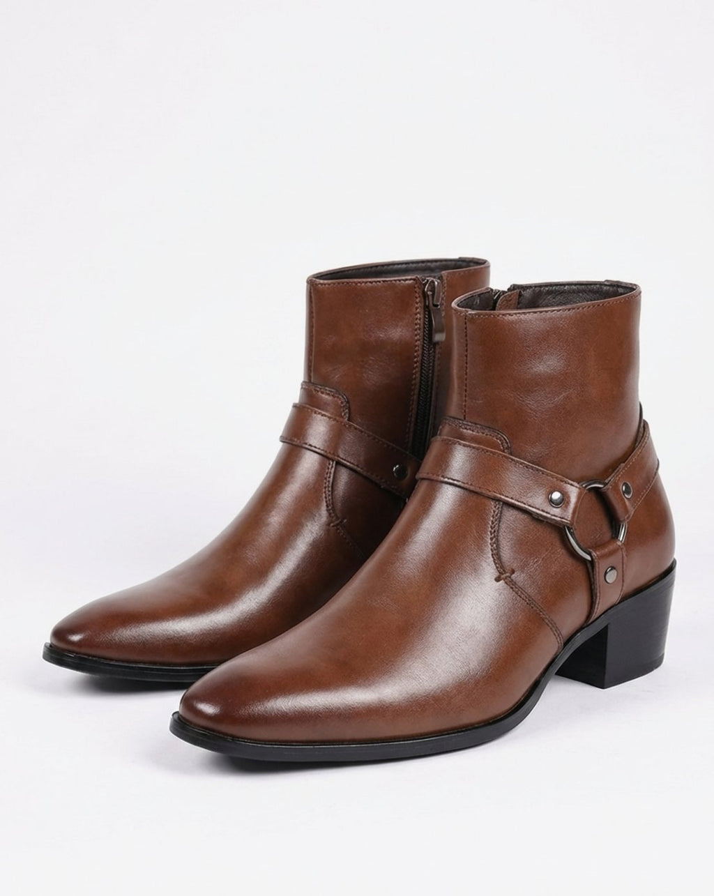 Dark Brown Leather harness-strap pointed-toe ankle boots