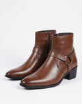 Dark Brown Leather harness-strap pointed-toe ankle boots