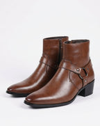 Dark Brown Leather harness-strap pointed-toe ankle boots