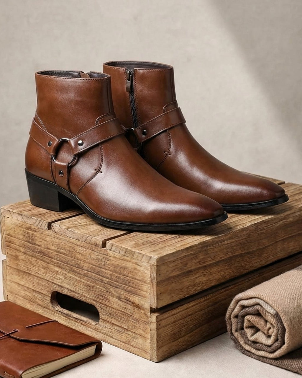 Dark Brown Leather harness-strap pointed-toe ankle boots, product photo