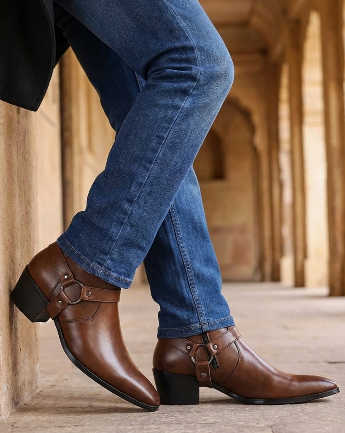 Dark Brown Leather harness-strap pointed-toe ankle boots, styled product photo