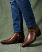 Dark Brown Leather harness-strap pointed-toe ankle boots shown in a product photo