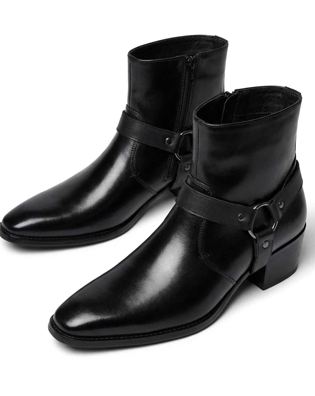 Black Leather harness-strap pointed-toe ankle boots