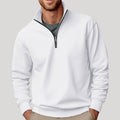 White quarter-zip sweatshirt with a stand collar, ideal for transitional layering.
