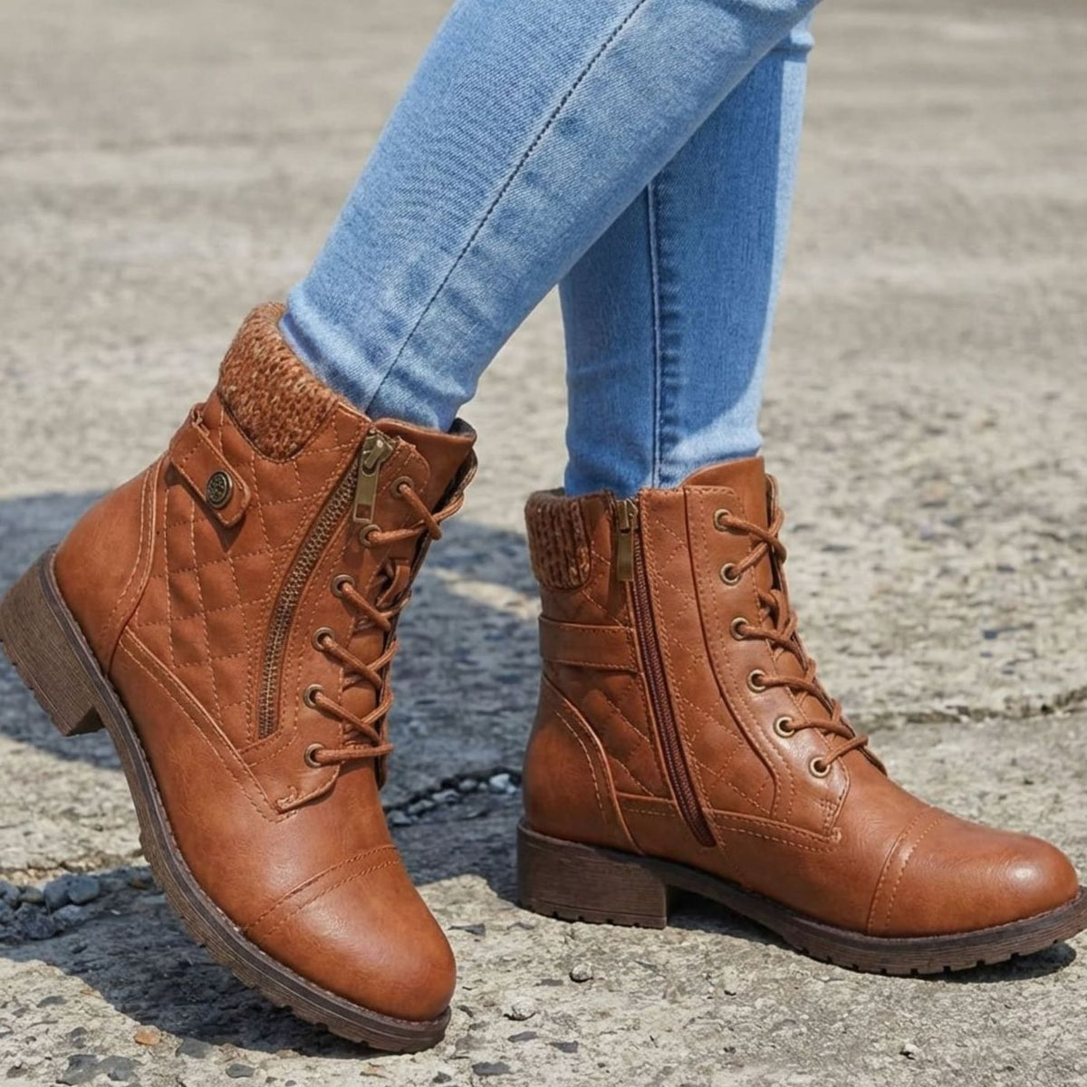 Brown Quilted lace-up side-zip ankle boots for winter