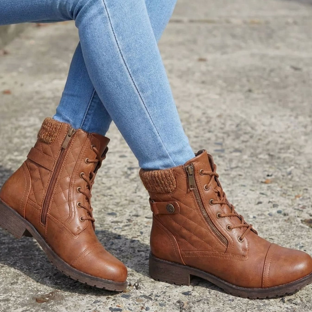 Brown Quilted lace-up side-zip ankle boots for winter, product photo