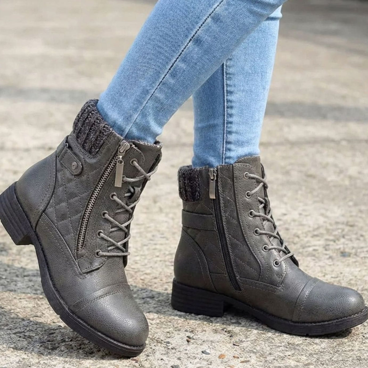 Grey Quilted lace-up side-zip ankle boots for winter