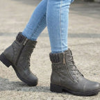 Brown Quilted lace-up side-zip ankle boots for winter, styled product photo