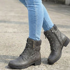 Brown Quilted lace-up side-zip ankle boots for winter shown in a product photo