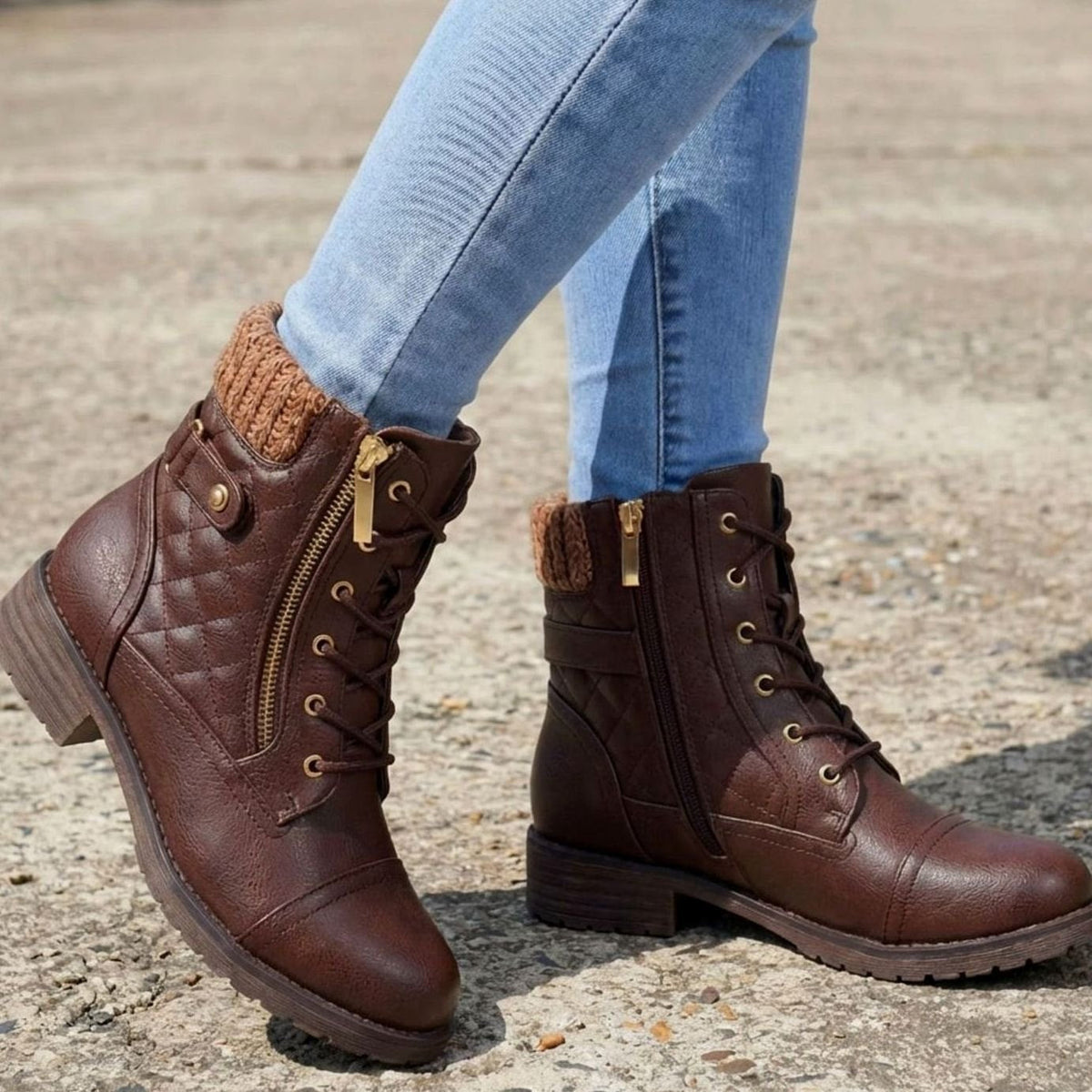 Dark Brown Quilted lace-up side-zip ankle boots for winter