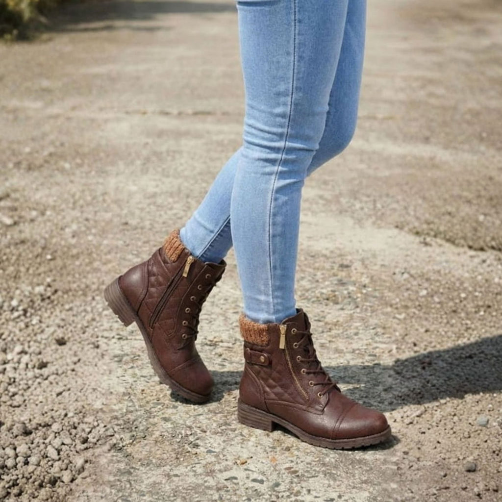 Product photo showing the brown quilted lace-up side-zip ankle boots for winter