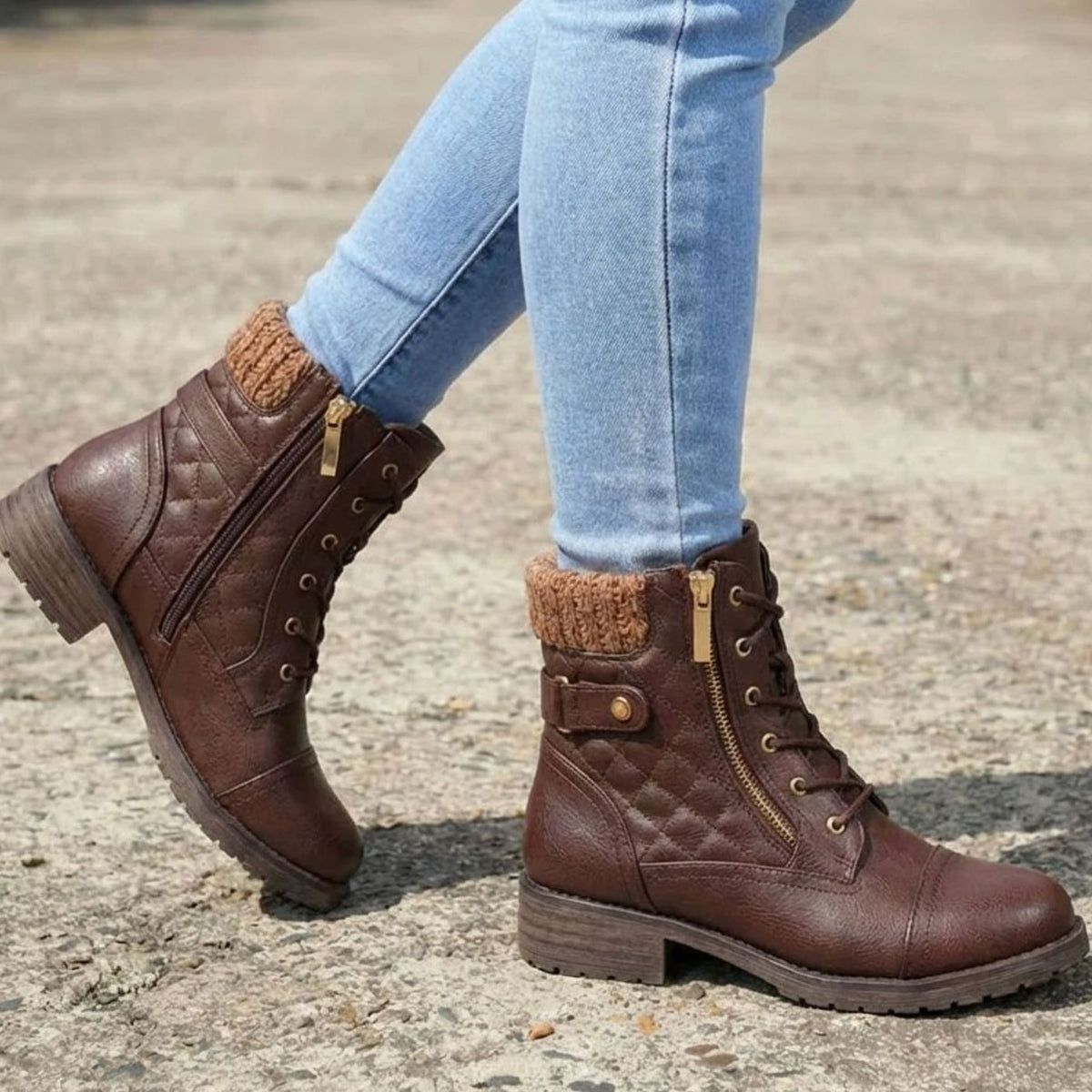 Brown Quilted lace-up side-zip ankle boots for winter, additional product photo