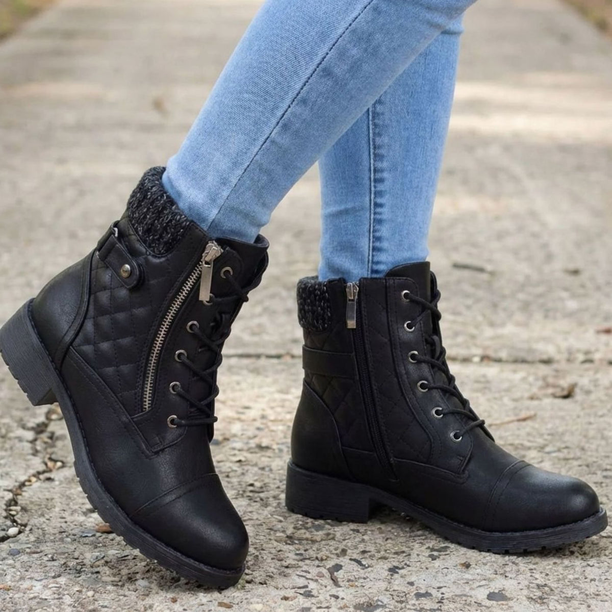 Black Quilted lace-up side-zip ankle boots for winter