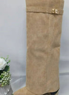 Apricot Suede pointed-toe buckle thigh-high boots