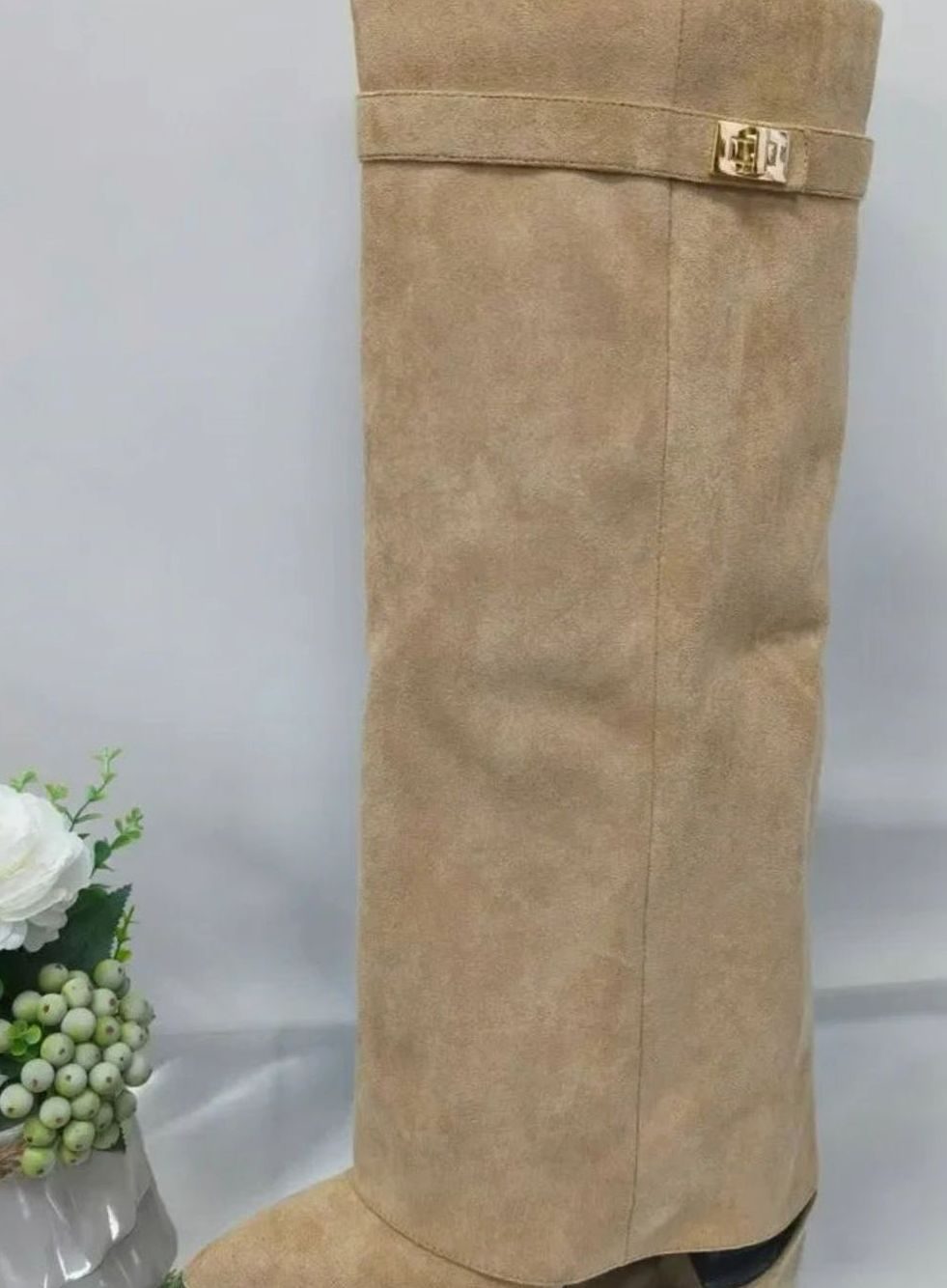 Apricot Suede pointed-toe buckle thigh-high boots