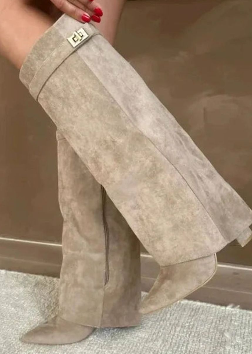 Apricot Suede pointed-toe buckle thigh-high boots, product photo