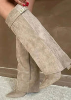 Apricot Suede pointed-toe buckle thigh-high boots, product photo