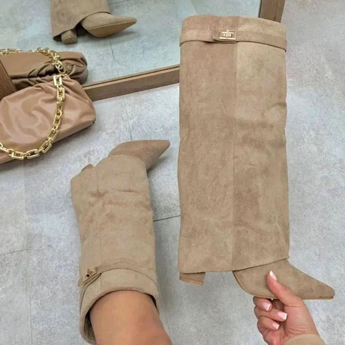 Apricot Plush Suede pointed-toe buckle thigh-high boots