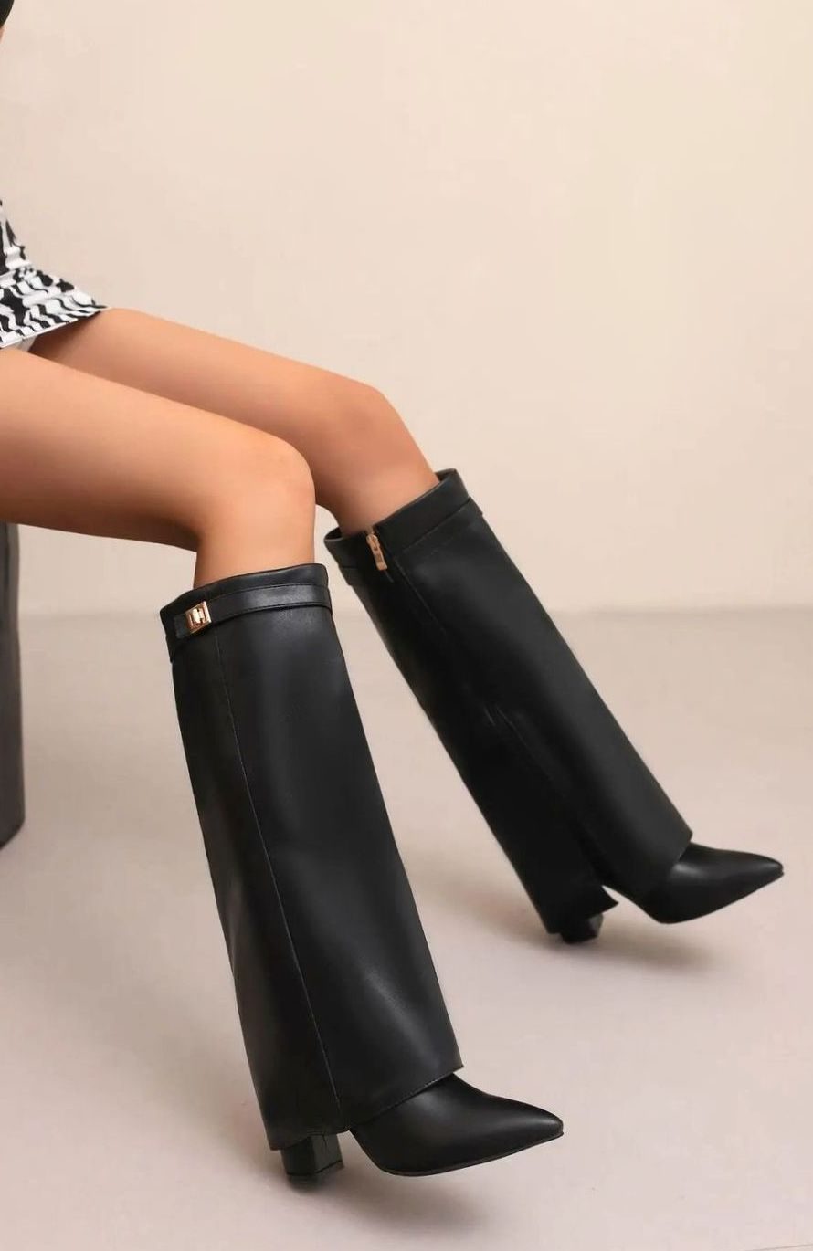 Black Plush Suede pointed-toe buckle thigh-high boots