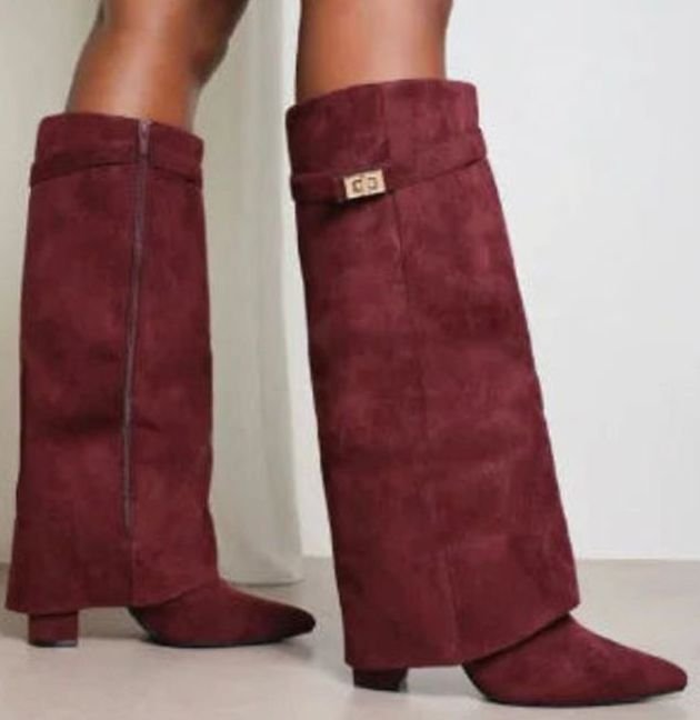 Apricot Suede pointed-toe buckle thigh-high boots, styled product photo