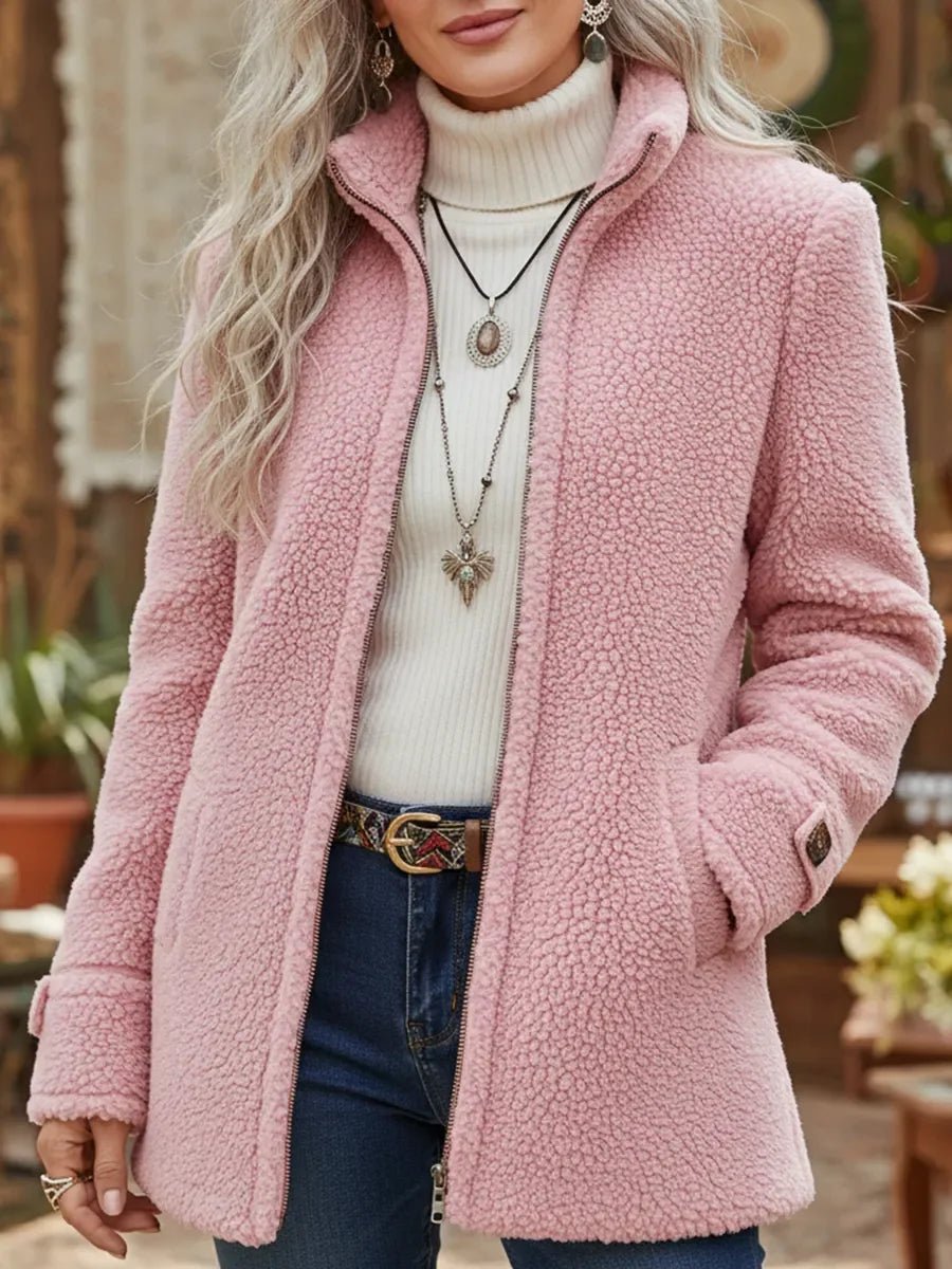 Pink Teddy fleece full-zip stand-collar coat