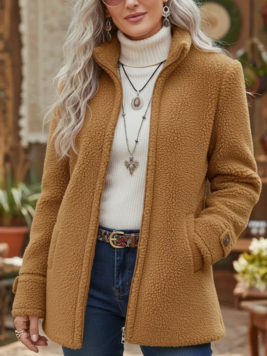 Camel Teddy fleece full-zip stand-collar coat