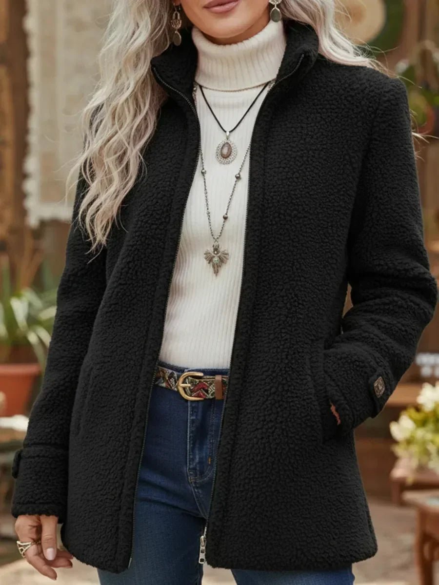 Black Teddy fleece full-zip stand-collar coat