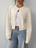 Women's beige cropped ribbed trim button-front cardigan