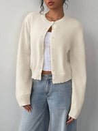 Women's beige cropped ribbed trim button-front cardigan