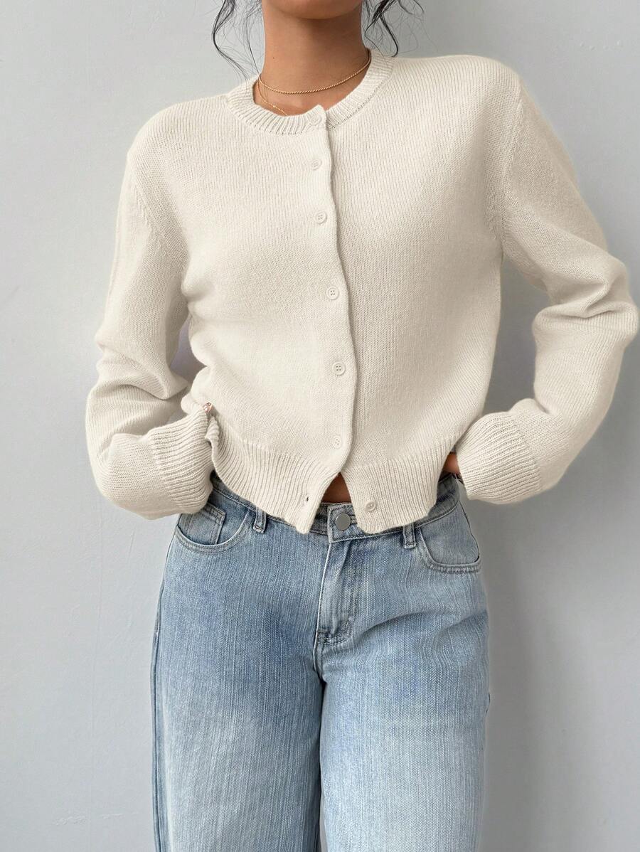 Women's cropped ribbed trim button-front cardigan