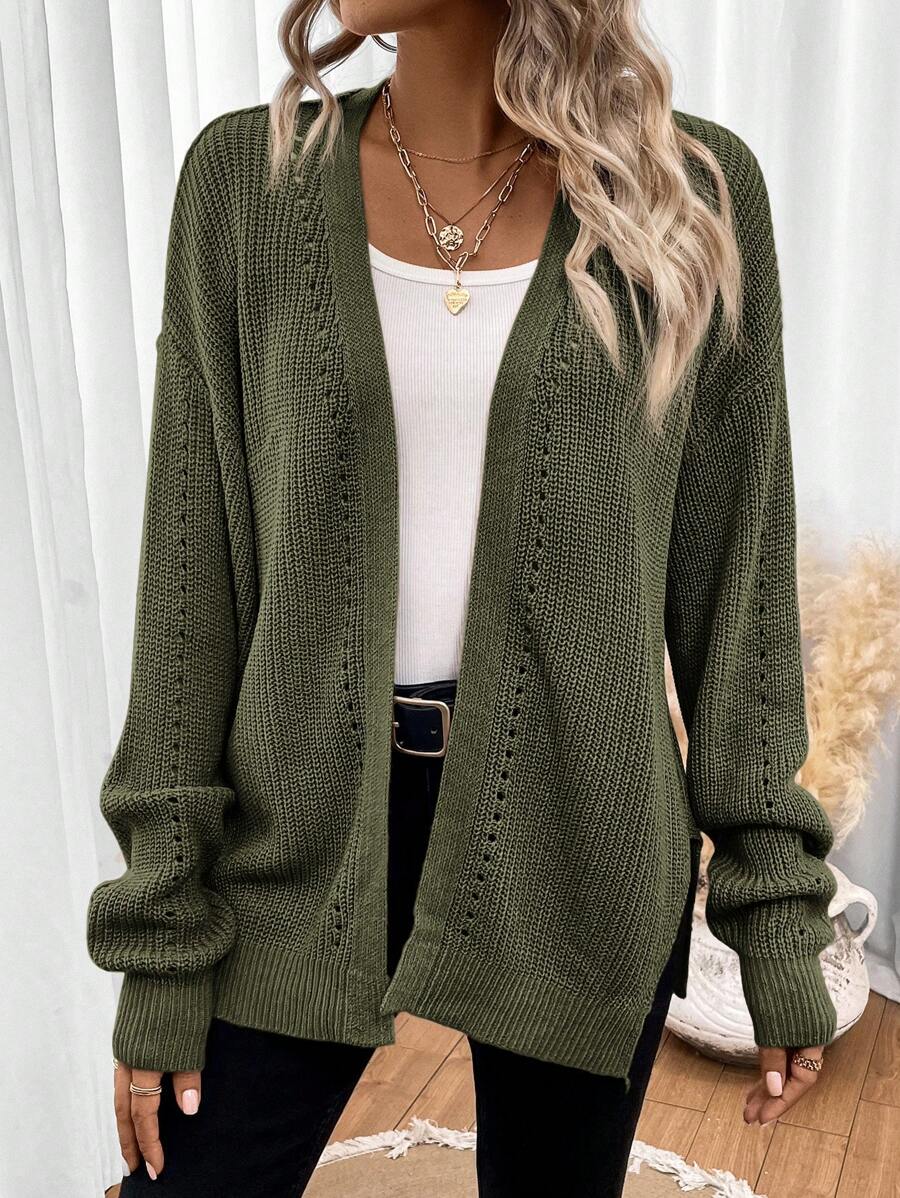 Women's army green open front pointelle knit cardigan