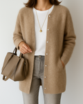 Women's khaki longline relaxed fit cardigan with patch pockets