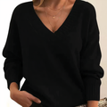 Women's black cashmere v-neck jumper with ribbed trim