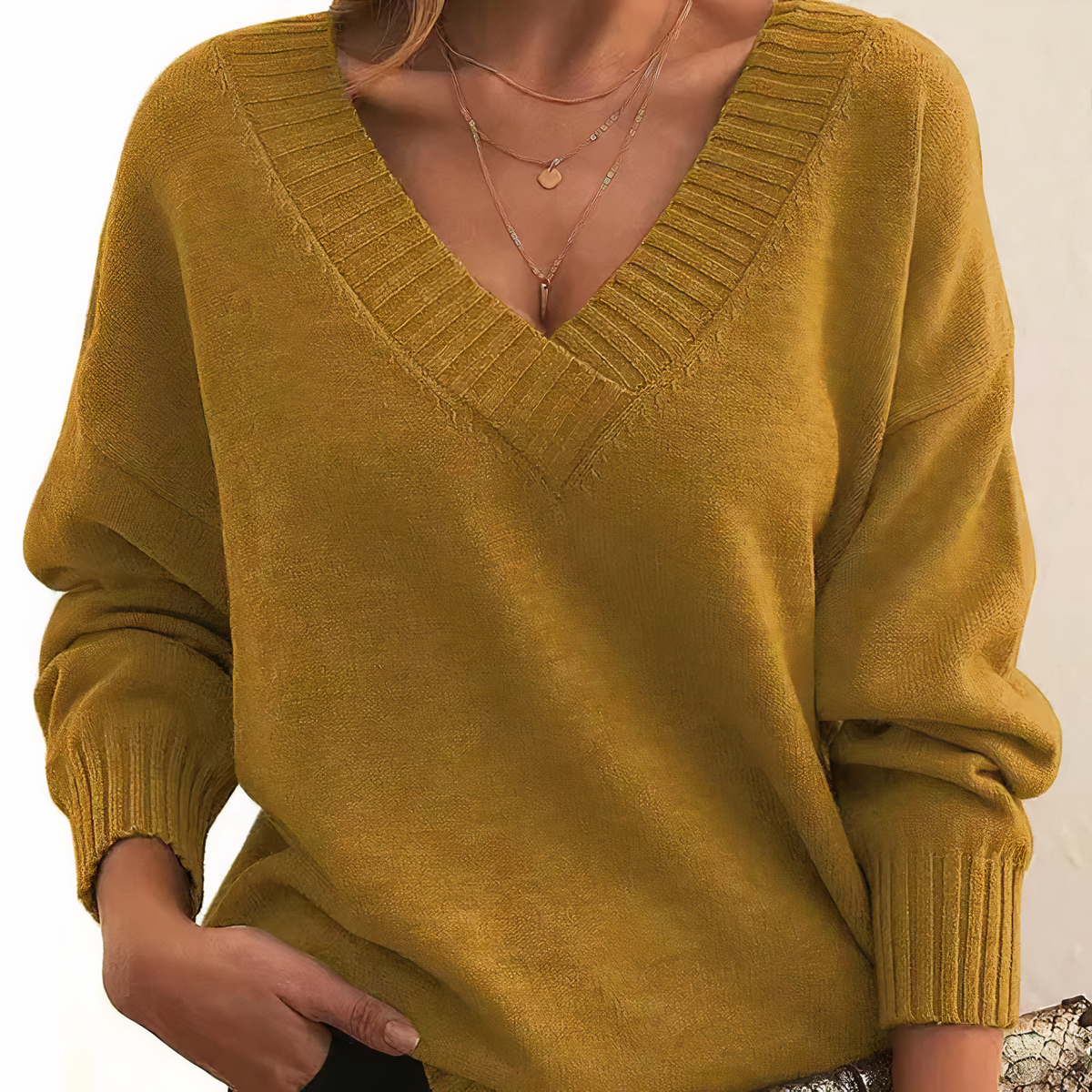 Women's yellow cashmere v-neck jumper with ribbed trim