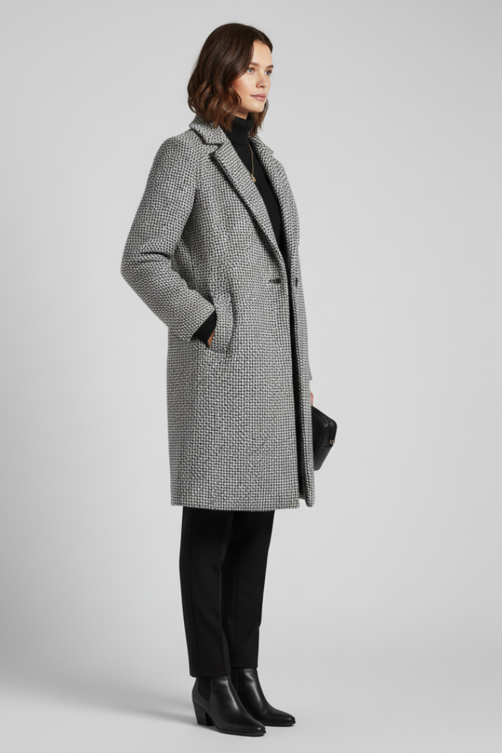 Grey women's coat showing woven texture and straight sleeves