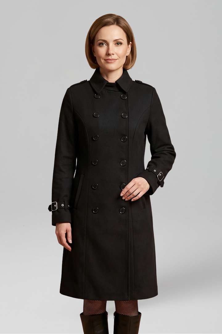 Women's double-breasted longline overcoat in black with strap-cuff sleeves