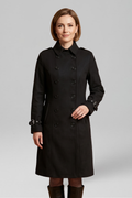 Women's double-breasted longline overcoat in black with strap-cuff sleeves
