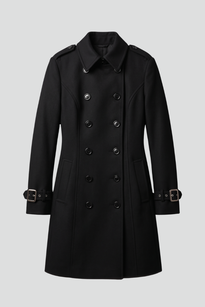 Women's double-breasted longline overcoat in black with strap-cuff sleeves