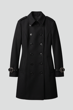 Women's double-breasted longline overcoat in black with strap-cuff sleeves
