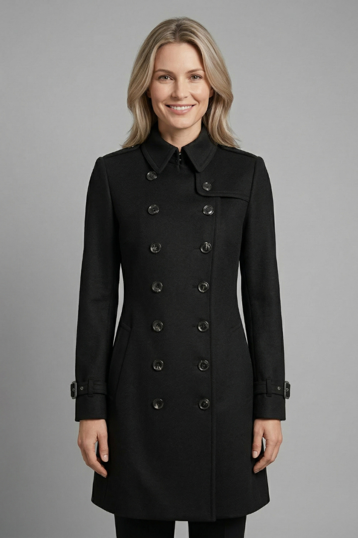 Women's double-breasted longline overcoat in black with strap-cuff sleeves