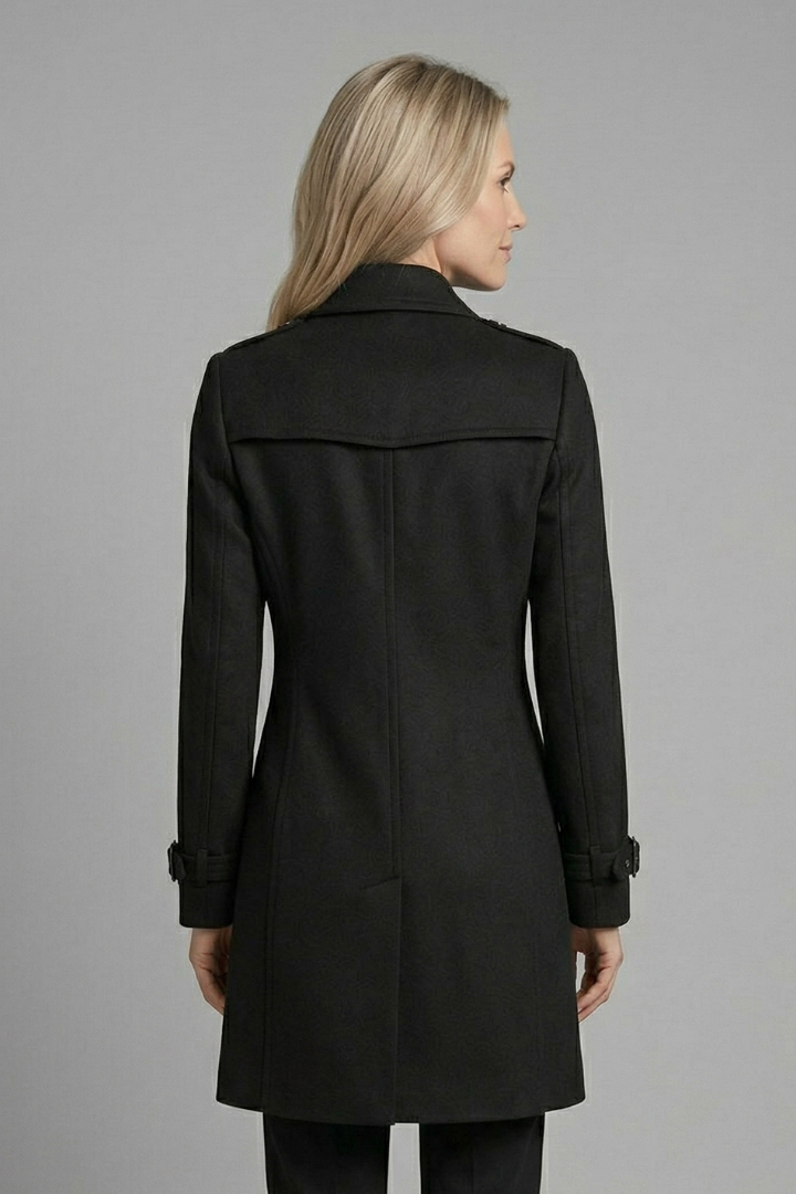 Women's double-breasted longline overcoat in black with strap-cuff sleeves
