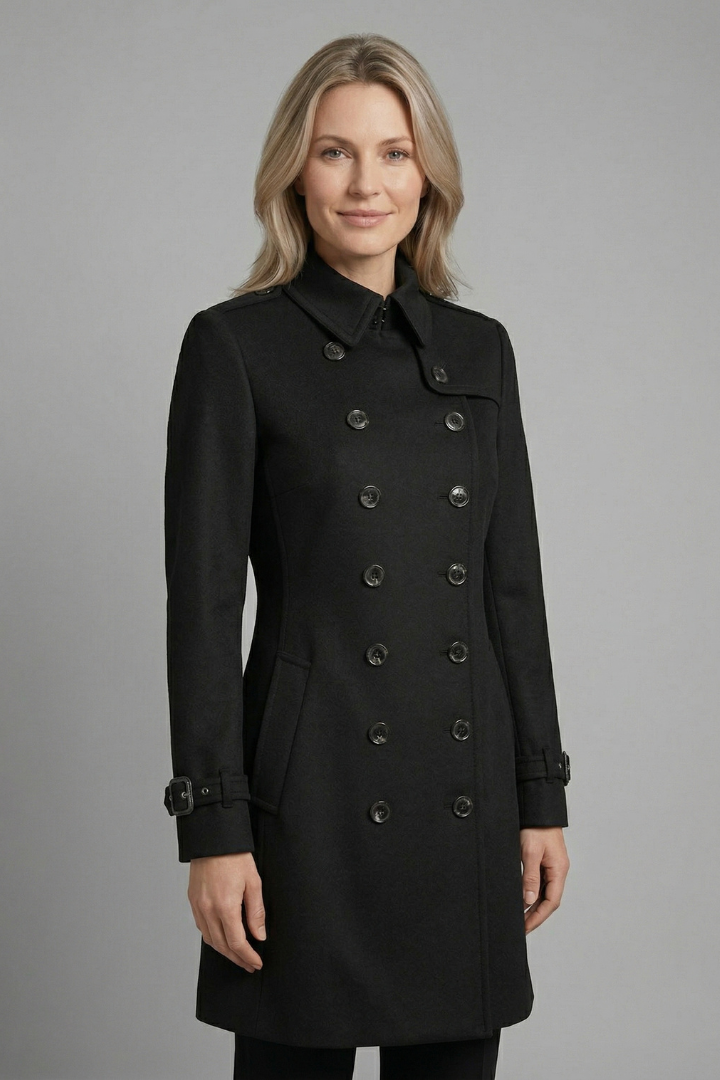 Women's double-breasted longline overcoat in black with strap-cuff sleeves