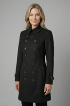 Women's double-breasted longline overcoat in black with strap-cuff sleeves