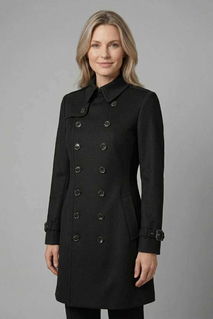 Women's double-breasted longline overcoat in black with strap-cuff sleeves