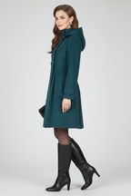 Women's green hooded double-button A-line coat with flap pockets