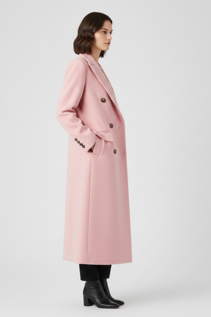 Women's pink long lapel-collar button-front overcoat, tailored style for autumn.