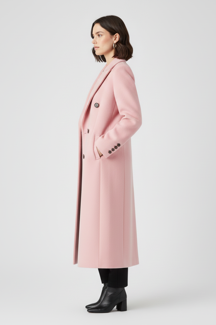 Women's pink long lapel-collar button-front overcoat, tailored style for autumn.
