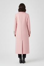 Women's pink long lapel-collar button-front overcoat, tailored style for autumn.