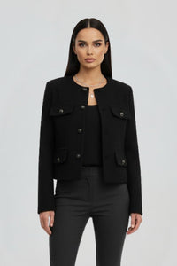 Ella | Women's Collarless Cropped Textured Jacket with Button Front